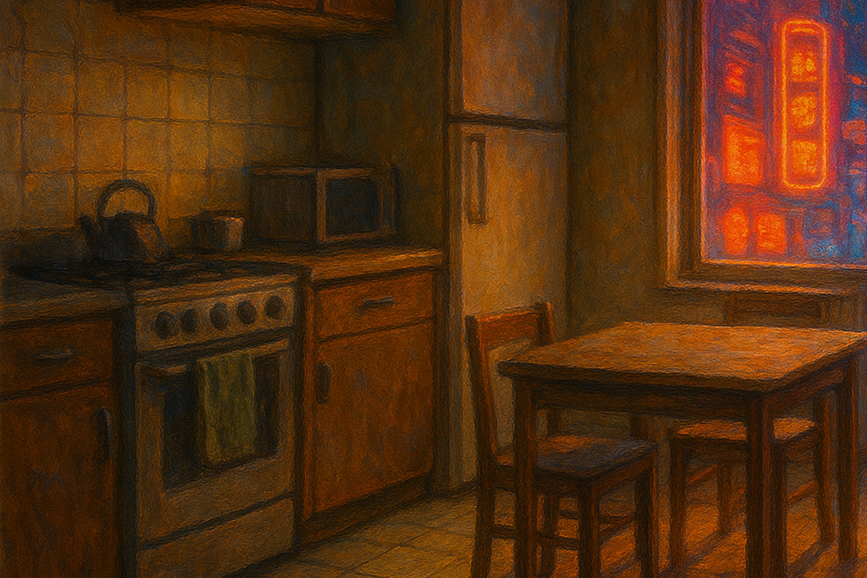 Karasu's apartment by night.