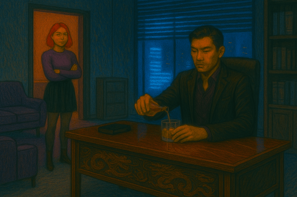 Rei and Karasu in the Den's back office.