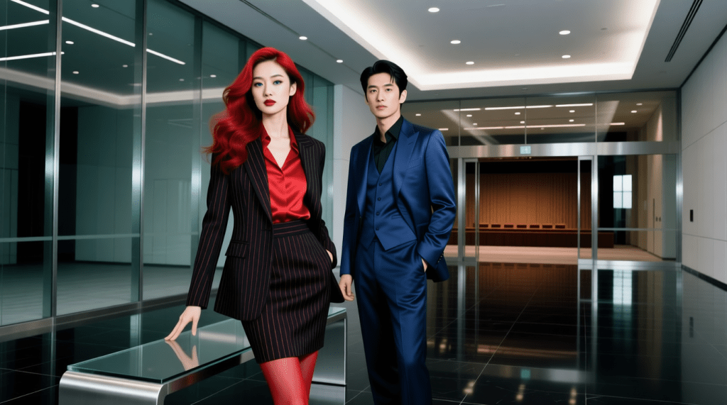 Rei and Takumi Senior in lobby.