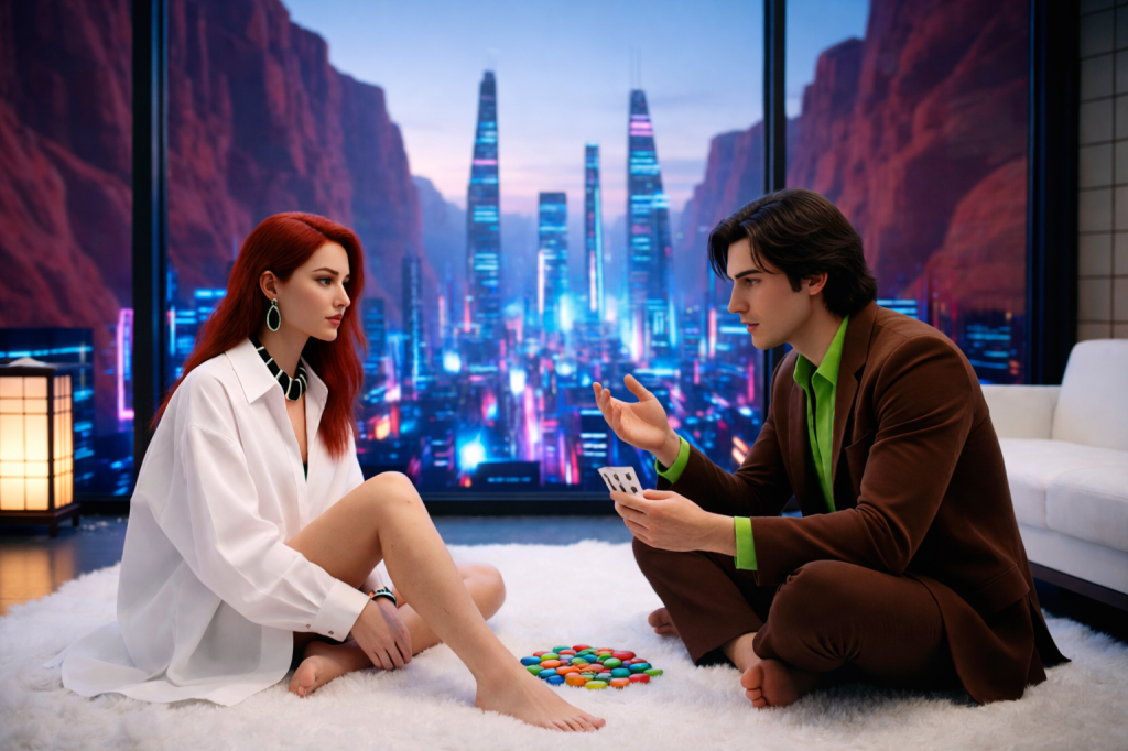 Rei and CIlian palying mint poker in the Kuroda Plaza penthouse.