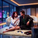 Rei and CIlian palying mint poker in the Kuroda Plaza penthouse.