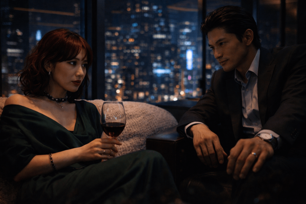 Takumi and Rei with wine.