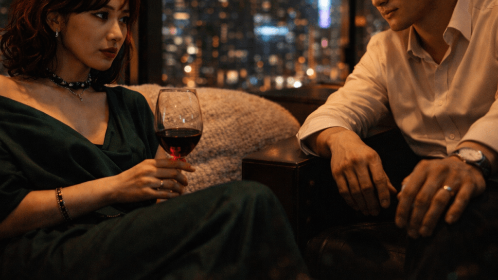 Takumi and Rei with wine.