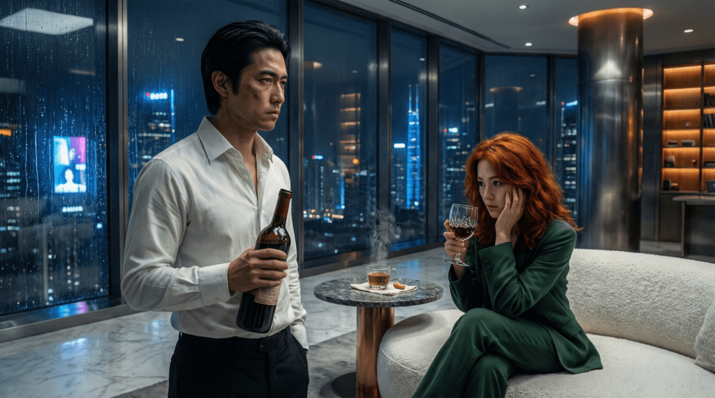 Rei and Takumi with red wine.